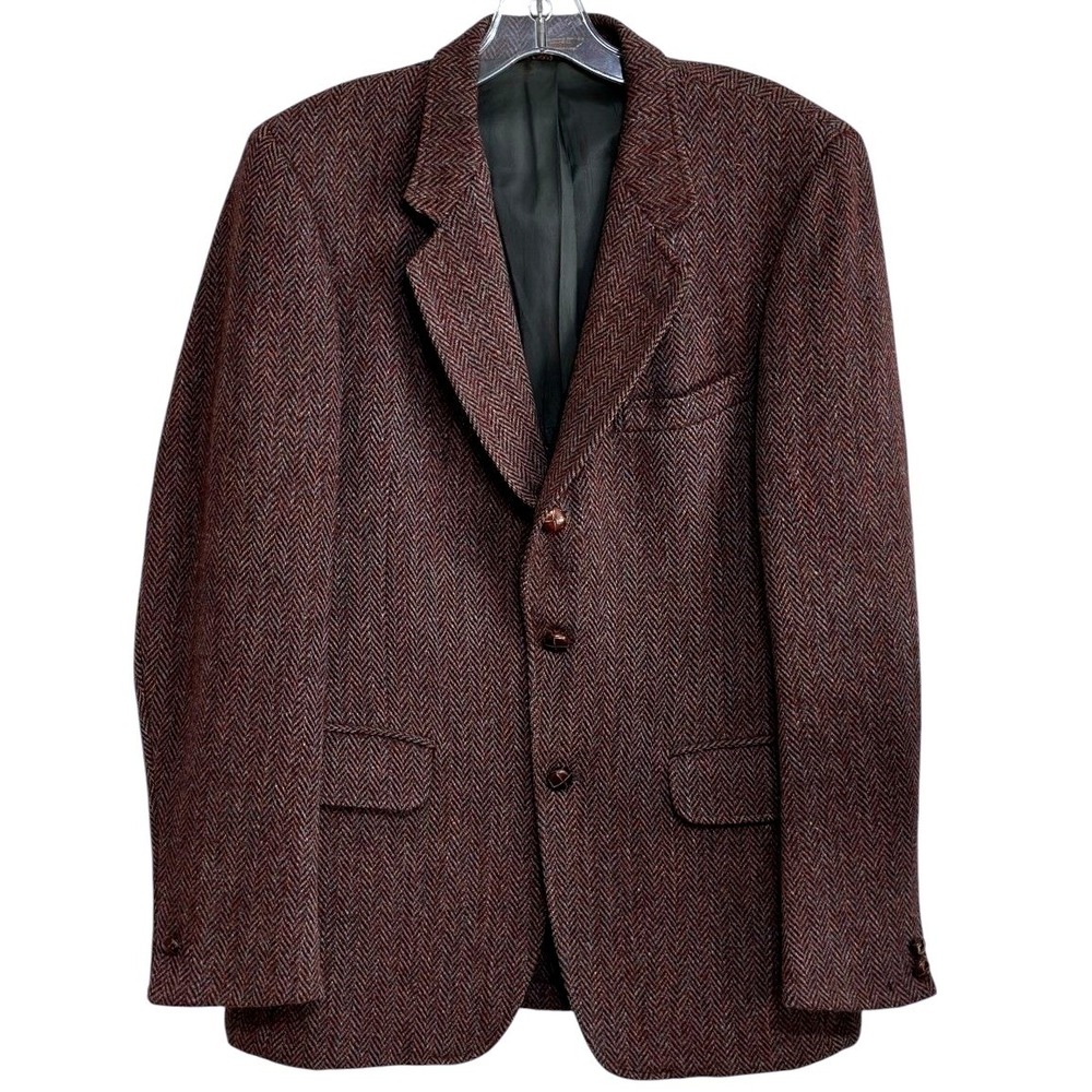 Harris Tweed Blazer Men Burgundy Brown Herringbone Wool 3-Button Heritage 40R